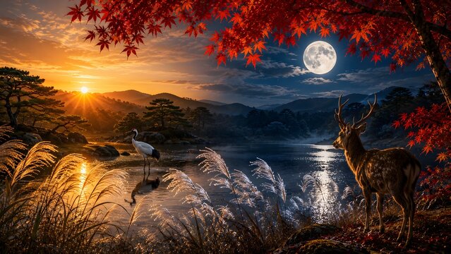 crane and deer by an autumn lake beneath the sun and full moon
