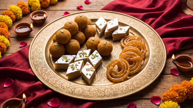 Traditional Indian sweet platter with Laddoo, Barfi, and Jalebi for Diwali celebration on a wooden table