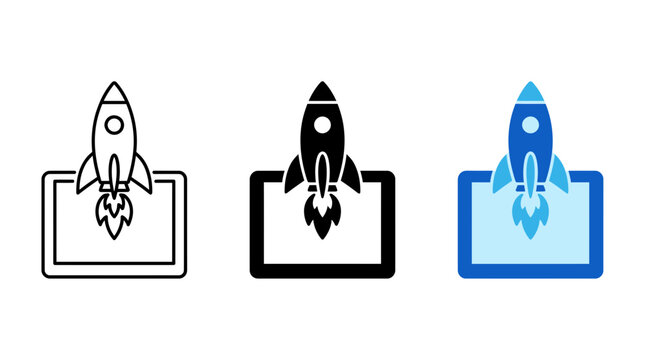 Collection of tablet startup icons featuring rocket launch business technology