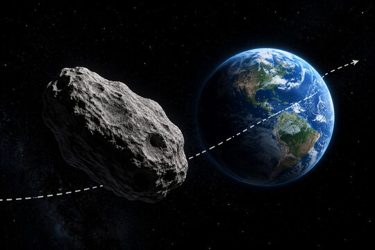Grey asteroid near blue Earth with dotted path, space exploration concept