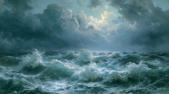 Dramatic seascape depicts churning ocean waves beneath a turbulent, overcast sky, creating a moody and powerful composition ideal for representing nature&rsquo;s raw energy