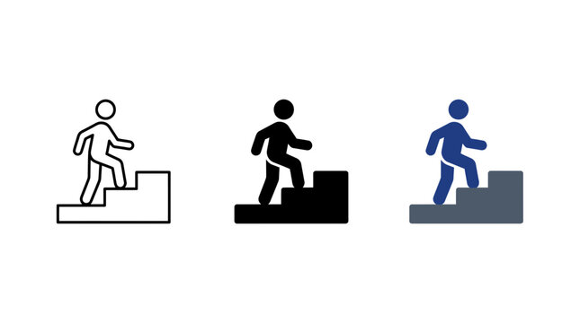 Person climbing stairs icon set in outline solid and blue styles with climbing