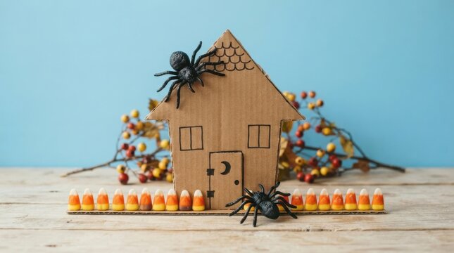 Handmade cardboard Halloween house and candy