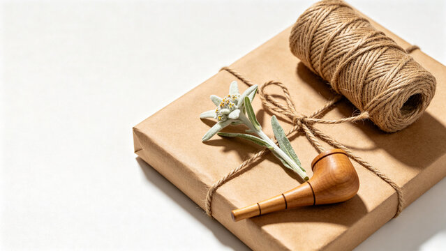 Wooden alphorn ornament, edelweiss sprig and kraft paper roll with twine, alpine gift wrapping concept