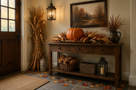 Entryway with pumpkin and corn husk centerpiece on console table, corn stalks, scattered fall leaves, warm welcome and autumn decor concept