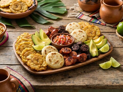 Traditional colombian food platter with arepas patacones avocado and hogao sauce on wooden table. latin american street food