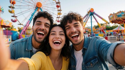 Naklejka premium Happy young diverse friends take selfie at colorful amusement park. Smiling man, woman enjoy fun rides with Ferris wheel background. Group of carefree people laugh together, celebrate summer holiday,