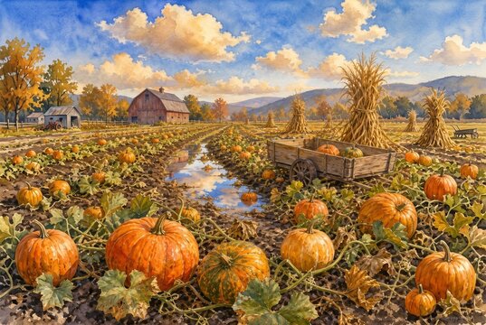Pumpkin Field at Harvest with a Red Barn and Corn Stooks Watercolor Illustration