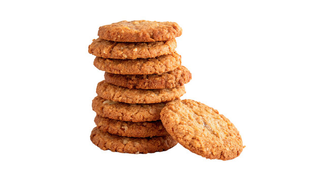 Stack pile of round golden brown crispy crackers cookies snacks isolated on transparent background