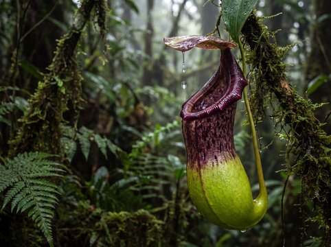 Carnivorous Pitcher Plant Hanging in Misty Rainforest with Water Droplets