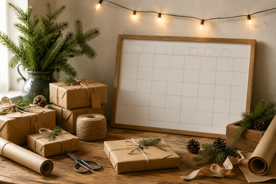 Kraft-wrapped gift boxes with pine sprigs and warm string lights, holiday gift wrapping station concept