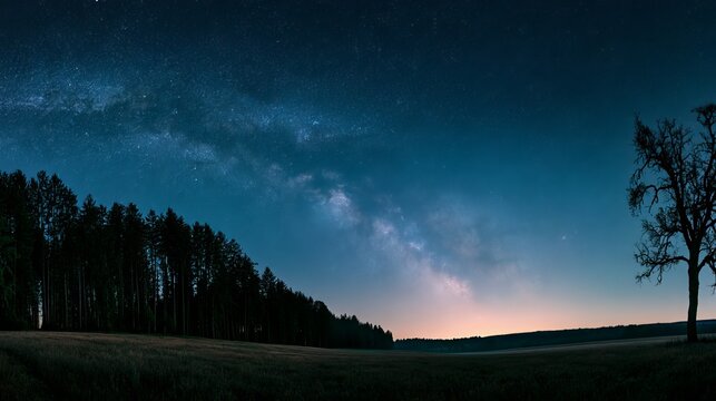 Silhouetted tree line across a field captures a vast, dark blue night sky with a shimmering, milky way galaxy stretching across the horizon, evoking feelings of wonder and tranquility
