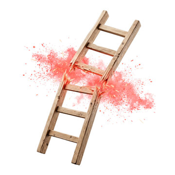 Broken Wooden Ladder Exploding with Red Powder Isolated on Transparent Background