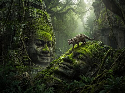 Civet Cat Explores Ancient Moss-Covered Stone Faces in Misty Jungle Temple Ruins