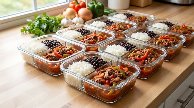 Healthy meal prep containers with beef rice and black beans on a wooden kitchen counter. Ropa Vieja recipe