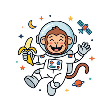 Cute cartoon monkey astronaut floating in space holding a banana isolated on white