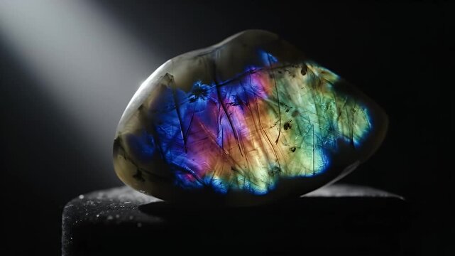 Close-up of a beautiful raw labradorite gemstone with shimmering iridescence and internal inclusions, dramatically lit.