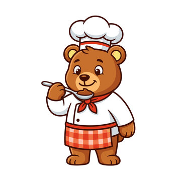 Cute cartoon bear chef tasting food with a spoon isolated on white background