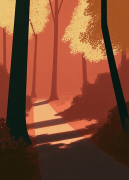 Illustration of a pathway through a forest. the trees on either side of the pathway are tall and slender, with their trunks reaching upwards towards the sky.
