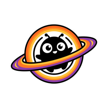 Cute alien character inside a colorful planet ring icon isolated on white background.