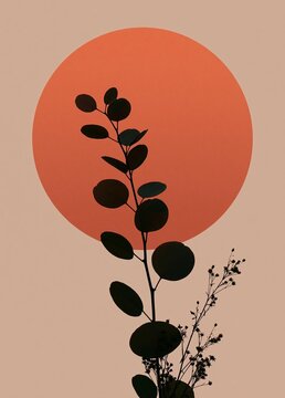 Digital illustration of a plant with a large orange circle in the background. the plant has multiple leaves that are arranged in a circular pattern, with each leaf having a different shape and size.