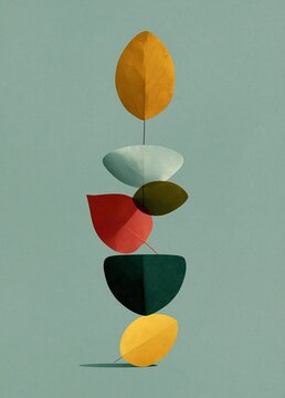 Abstract illustration of a vertical line made up of five leaves. the leaves are arranged in a vertical manner, with the topmost leaf being the largest and the bottommost being the smallest.