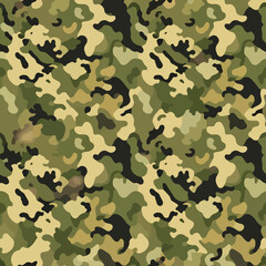 Fototapeta premium A traditional tactical military woodland camouflage pattern composed of organic blotches in olive green, dark brown, and black.
