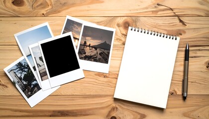 Cuaderno de espiral en blanco junto a fotografías impresas y bolígrafos sobre una mesa de madera en composición cenital © EBG Stock Studio