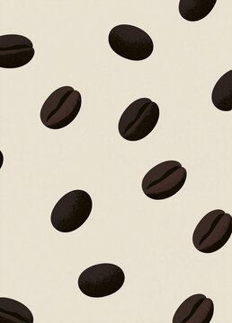 Seamless pattern of coffee beans on a light beige background. the beans are arranged in a repeating pattern, with each bean having a dark brown color and a smooth texture.