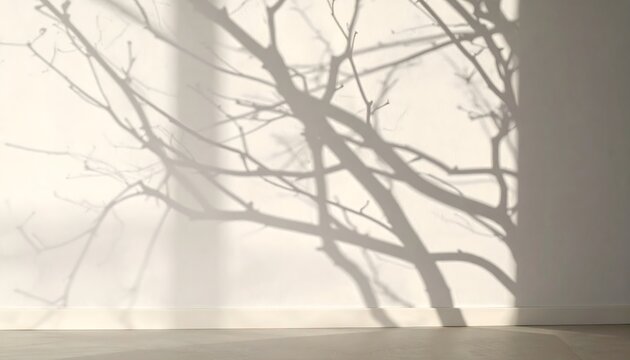 Sombras de ramas de &aacute;rbol sin hojas proyectadas sobre una pared clara con luz natural suave y composici&oacute;n minimalista
