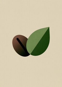 Minimalistic illustration of two leaves. on the left side, there is a brown circle with a black line running through it.
