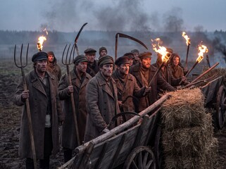Obraz premium Determined Peasant Militia with Torches and Pitchforks Preparing for Battle in a Field at Dusk