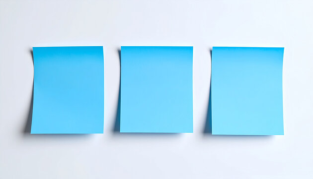 Three blank blue sticky notes on white background, smooth paper texture, simple minimalist composition, empty space for planning, reminders and productivity concepts. Close-up.