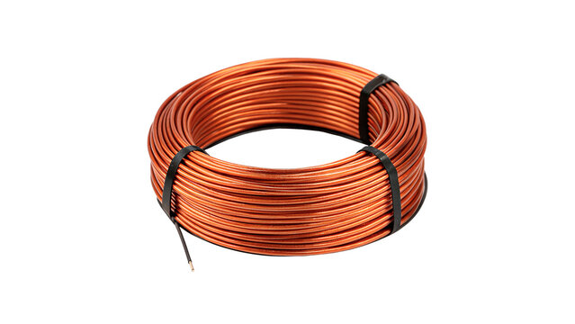 Roll coil of shiny orange industrial copper wire binding construction material isolated on transparent background