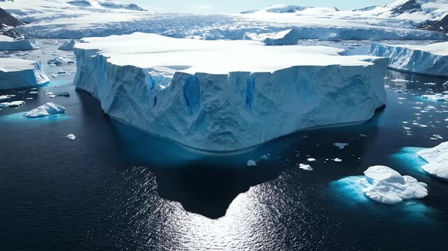 Majestic tabular iceberg floating in dark blue glacial waters, vast arctic landscape, serene polar environment, global warming concept