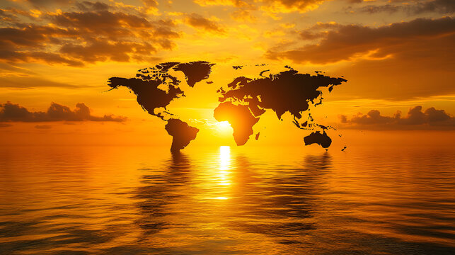 Golden world map outline glowing above sea horizon during warm sunset