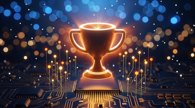 Glowing golden trophy cup on digital circuit board background, esports championship award with blue bokeh lights, futuristic technology achievement and gaming competition success concept