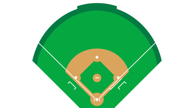Top-down flat vector graphic of a baseball diamond and field layout with green outfield, dirt infield, bases, pitcher's mound, home plate, and white foul lines isolated on white background.