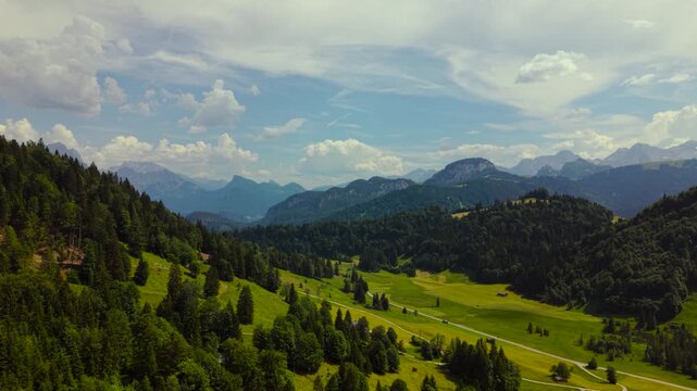 Forest and green meadows in Heutal, Austrian Alps. Mountain nature landscape in Austria. Aerial view