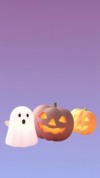 ハロウィンのジャックオーランタンと可愛いお化けが浮かび上がる幻想的な紫の背景空間　文字入れスペースのあるスマートフォン向け縦長ビデオ素材