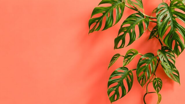 Dragon Tail Monstera or Epipremnum Pinnatum tropical leaves on coral color background minimal summer