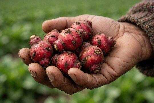 Farmer holds freshly picked oca tubers. Red root vegetables are covered in soil, freshly harvested from a farm field. Oca is a nutritious Andean crop.