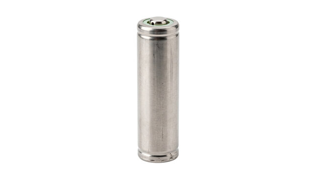 Metallic AA battery cell, silver rechargeable lithium battery, industrial power supply component for electronics isolated PNG with Transparent Background