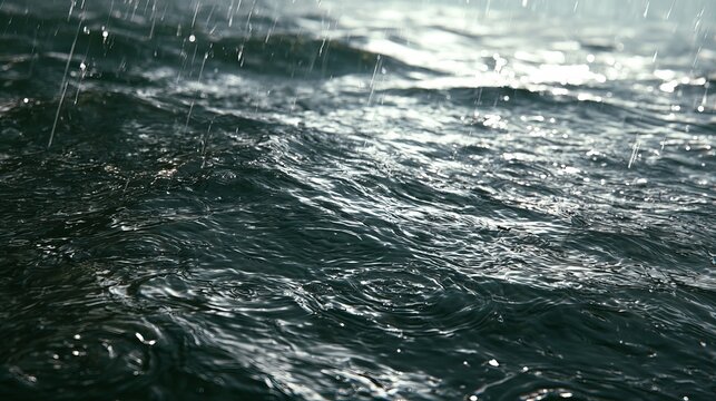 Dark water surface rippled by falling rain, creating circular patterns, depicting a dramatic storm scene, background representing intense weather and natural power