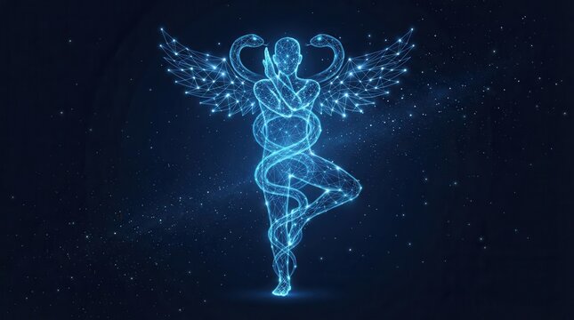 Blue futuristic wireframe rod of asclepius on dark blue background with interconnected network pattern and technologically inspired design