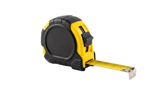 Yellow retractable tape measure, professional construction measuring tool, industrial metric ruler for home improvement and carpentry projects isolated PNG with Transparent Background
