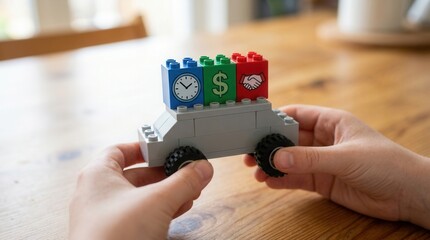 Fototapeta premium Building a car business strategy with efficient Lego automotive management and investment, featuring hands holding grey toy car