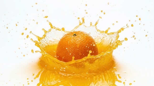 Buah jeruk segar berjatuhan ke dalam genangan jus jeruk cerah dengan semangat dan gerakan yang memukau