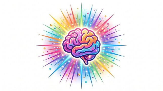 Colorful human brain icon with radiating light rays representing creative thinking and ideas.