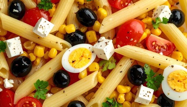 Ensalada de pasta con tomate, ma&iacute;z, aceitunas negras, queso blanco y huevo cocido en composici&oacute;n gastron&oacute;mica cenital